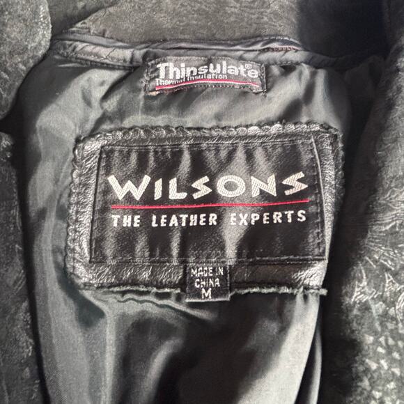 Vintage Wilsons Leather Black Long Trench Coat Suede Embossed Floral Detail - Picture 14 of 16